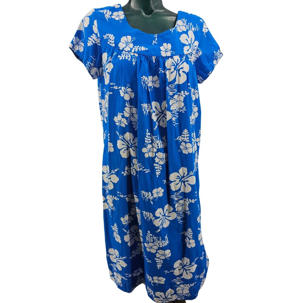 Vintage 1960's Ui-Maikai hibiscus floral Hawaiian mumu dress Blue Cotton  L 4094
